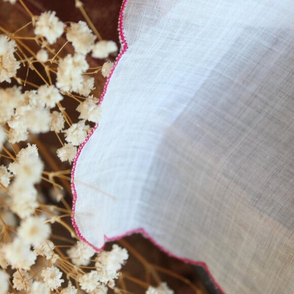 Vintage Christmas Handkerchief, Silver Poinsettia Print Red Trim, Holiday Theme - Picture 7 of 10